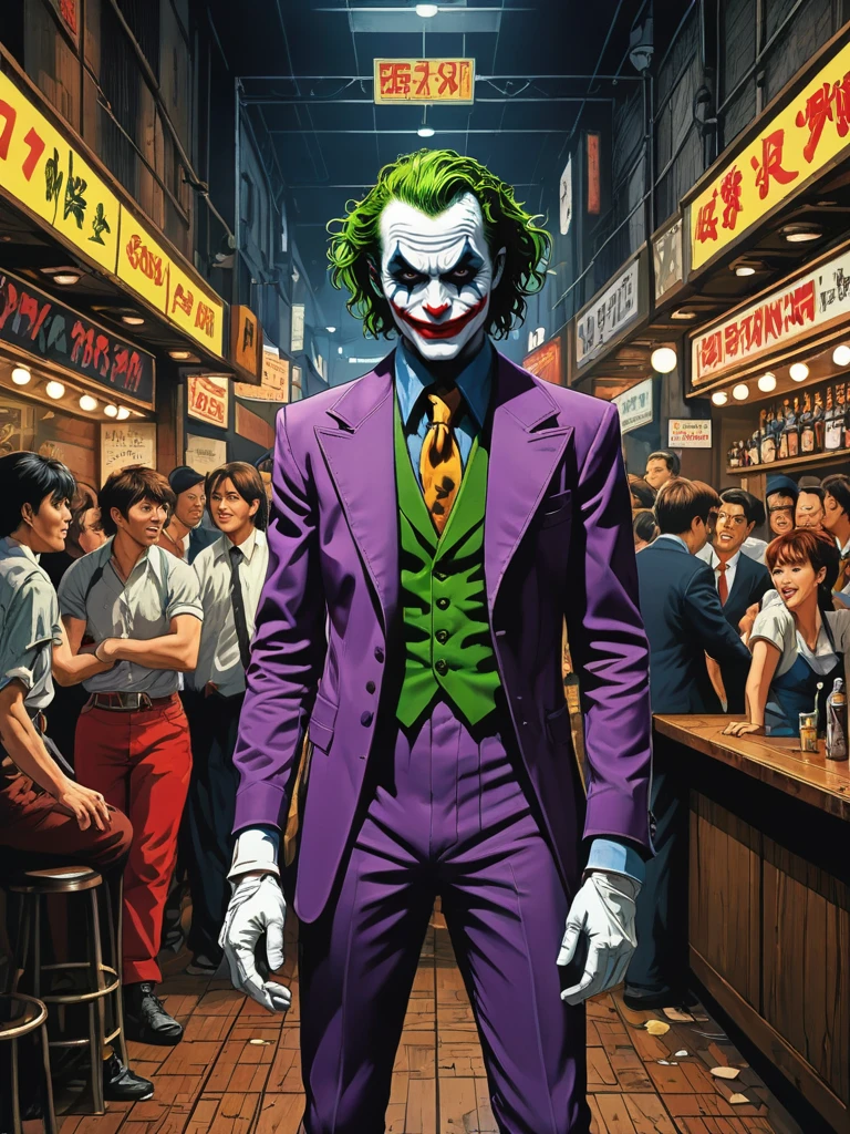 dynamic angle, (80s anime focus:1.2), extremely detailed urban strip bar, clashing themes, stage, stage lights, crowd in background, The Joker by Tsutomu Nihei,(strange but extremely beautiful:1.4),(masterpiece, best quality:1.4),in the style of nicola samori