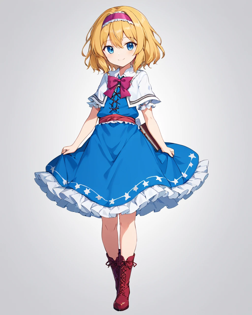 alice margatroid,1girl, solo, blue_dress, full_body, white_background, boots, bloomers, white_capelet, simple_background, puffy_short_sleeves, red_bowtie, holding_book, purple_footwear, frills, high_heels, cross-laced_footwear, looking_at_viewer, red_hairband, sash, smile, standing, closed_mouth
<lora:alice_margatroid_image3379_2023-12-11-000006:1>,star-shaped_pupils,symbol-shaped_pupils,. gorgeous,key visual, vibrant, studio anime,award-winning, professional, highly detailed,high budget, cinemascope