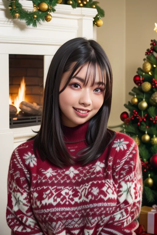 1girl,(wearing a turtleneck sweater),(winter jacket),(RAW photo, best quality), (realistic, photo-realistic:1.4), masterpiece, an extremely delicate and beautiful, extremely detailed, 2k wallpaper, Amazing, finely detail, extremely detailed CG unity 8k wallpaper, ultra-detailed, highres, soft light, beautiful detailed girl, extremely detailed eyes and face, beautiful detailed nose, beautiful detailed eyes,cinematic lighting,snow scenery,fireplace,(christmas tree,christmas decorations:1.2),perfect anatomy,smile,
 <lora:okumorisatsuki_lora:0.8>