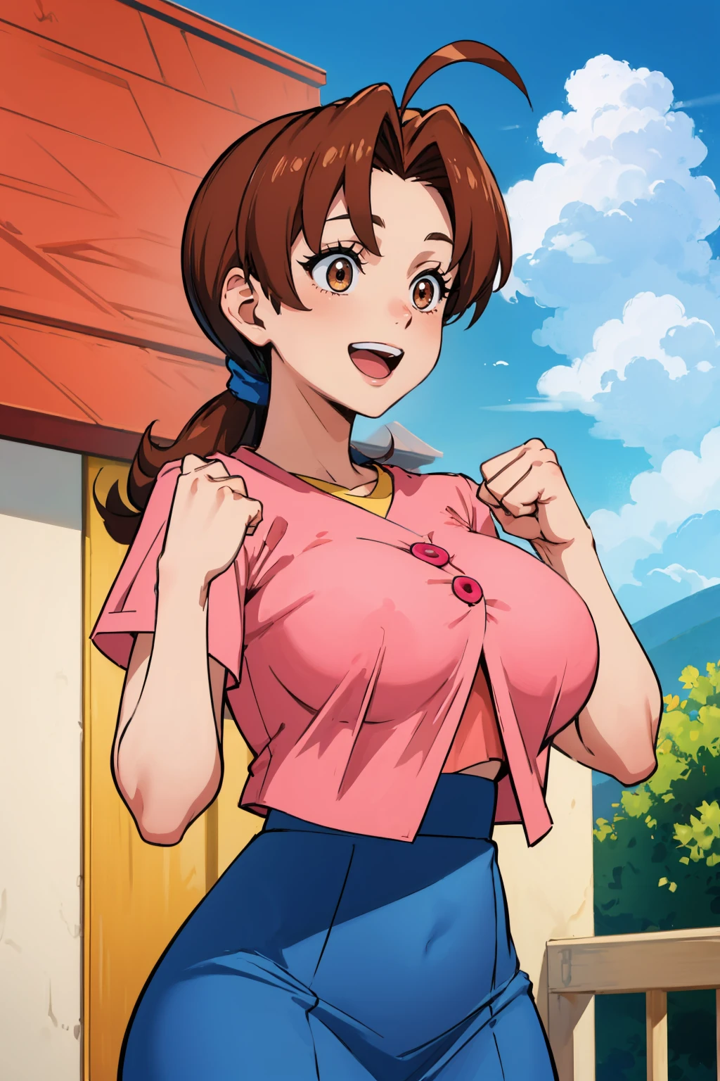 masterpiece, best quality, pkmnDelia, ponytail, pink shirt, blue skirt, smile, cowboy shot, large breasts, :D, hands up, fists, excited, blue sky, clouds, house