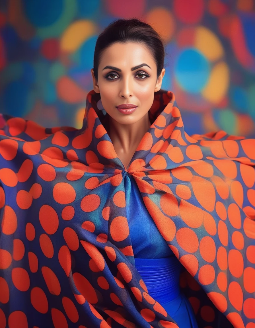 MalaikaArora, art by Claude Melan, photograph, Stirring Rickety Woman, designed by Orcs ð, wearing Cape in Circles patterns, JoJo pose, Hurricane, soft focus, Fearful, film grain, Nikon d3300, L USM, anaglyph effect, <lora:MalaikaAroraSDXL:1>