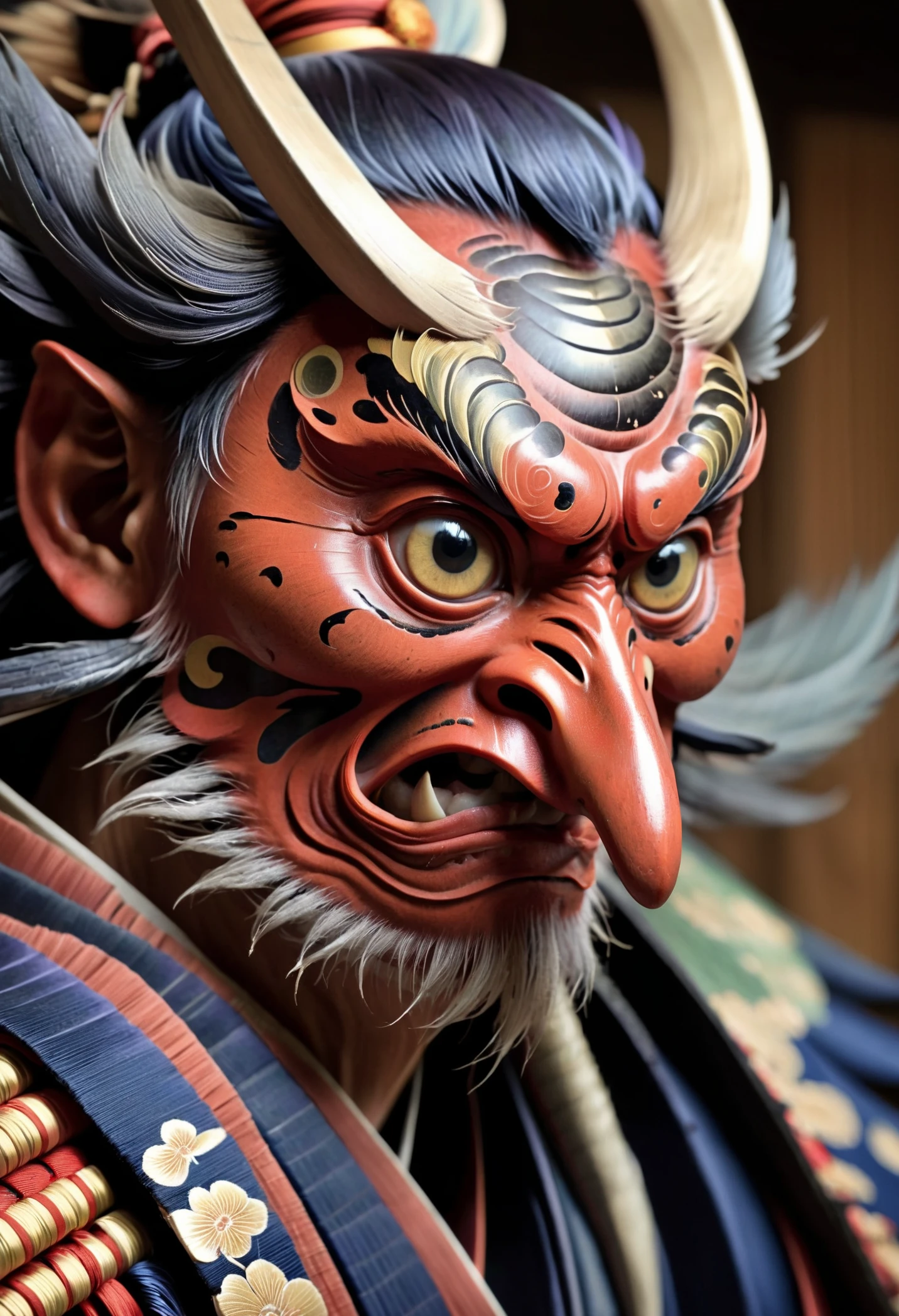 RAW Photo, tengu with very long nose, konaha, terrifying, intidimating artwork, detailed skin with visible pores, intricate iris, penetrating stare, glaring eyes, very long red nose, masterpiece, highly detailed, dslr, film grain, cinematic