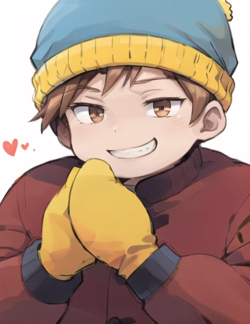 <lora:ericcartman-08:0.7> ericcartman, solo, smile, simple background, gloves, 1boy, hat, white background, brown eyes, upper body, male focus, grin, coat, oekaki, beanie, winter clothes, mittens