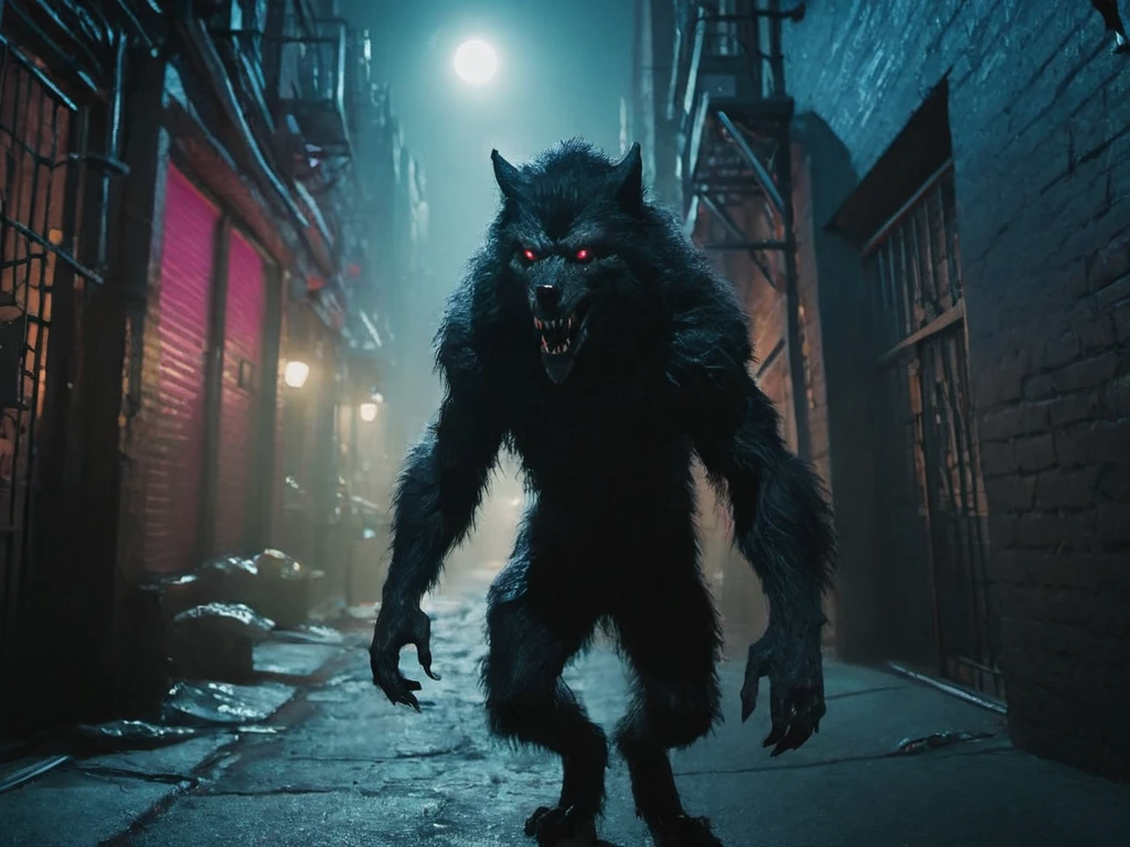 In the heart of New York City, under the cover of midnight and a full moon, a modern-werewolf roams a dark alley, its powerful bipedal form illuminated by the vibrant neon lights. Cloaked in sleek black fur, every intricate detail is captured by the Sony A7S III, emphasizing the creature's imposing presence within the city's urban jungle. This cinematic scene adds a thrilling and mysterious dimension to the bustling metropolis. <lora:Modern_Werewolf:1>
