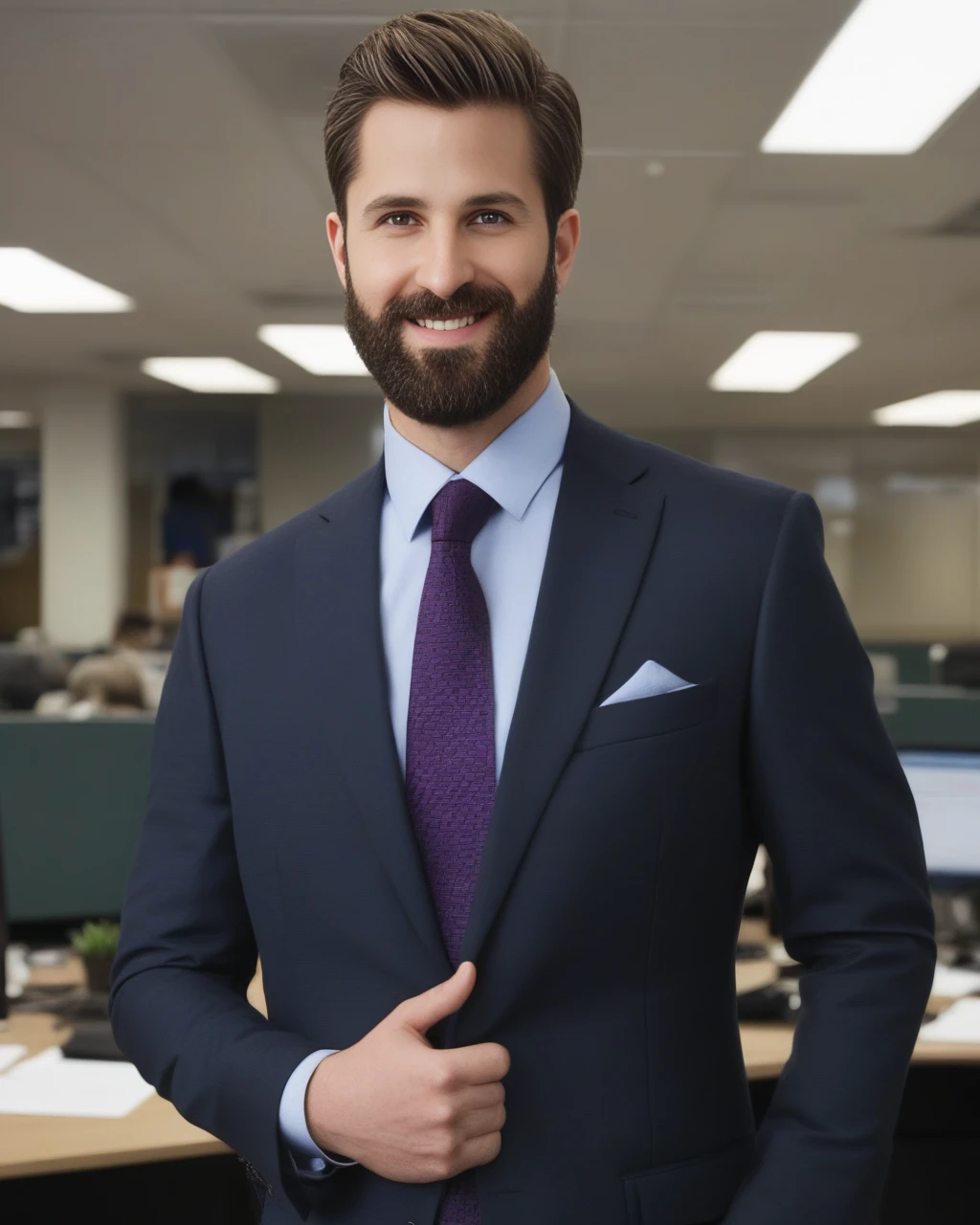 front view shot, portrait,
man, short hair,
brown hair, brown eyebrows, forehead,
suit, beard,
standing in office 
 <lora:detailedeyebrows_v0_5:0.8>