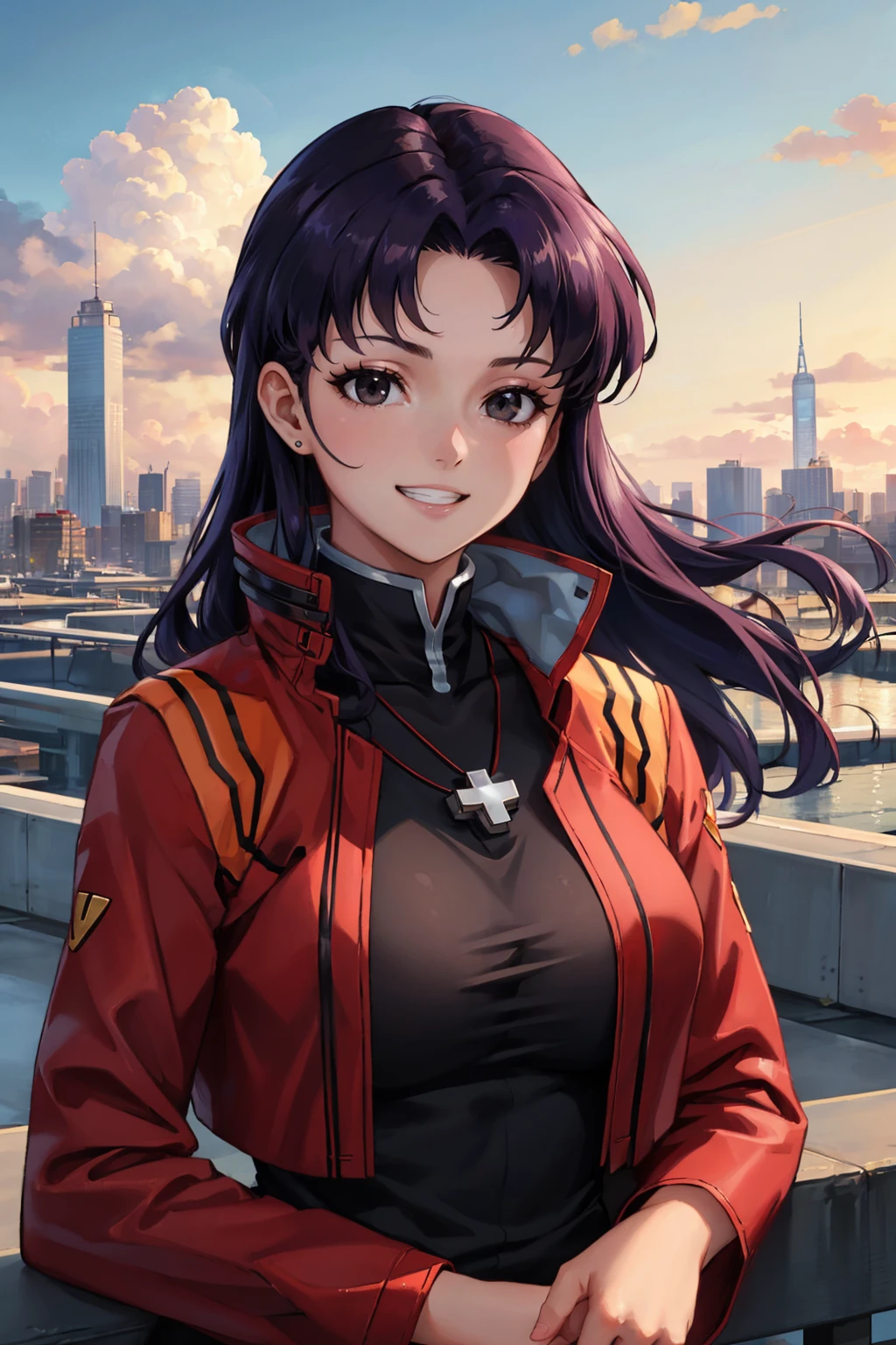 masterpiece, best quality, <lora:misato-nvwls-v1-000010:0.9> misato, black eyes, parted bangs, long hair, earrings, cross necklace, red jacket, long sleeves, black dress, large breasts, upper body, looking at viewer, grin, sky, clouds, cityscape