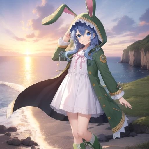 ((masterpiece)),(best quality),official art,extremely detailed CG,unity 8k wallpaper,ultra detailed,A lighthouse on a cliff by the sea,1girl,solo,cowboy shot,looking at viewer,yoshino (date a live),bunny ears hood,white dress,blue eyes,blue hair,smile,boots,green hood,green coat,loose coat,green footwear,long hair,pink ribbon,button,<lora:Yoshino(dal)>,