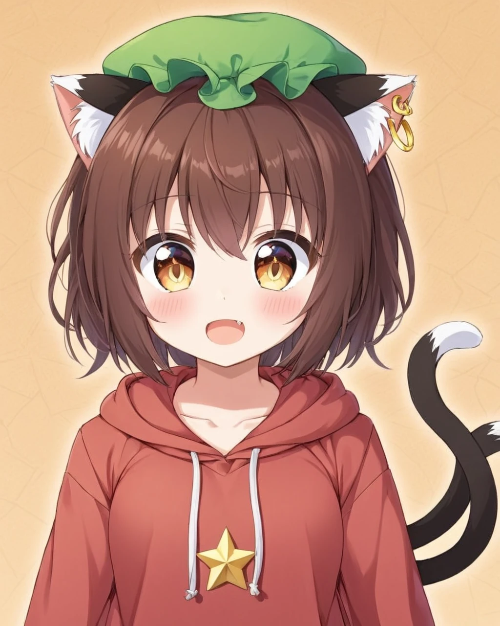 chen,1girl, solo, fang, double_v, open_mouth, cat_tail, red_hoodie, two_tails, looking_at_viewer, blush, :d, animal_ear_fluff, drawstring, long_sleeves, nekomata, sleeves_past_wrists, mob_cap, hood_down, white_pupils, alternate_costume, cowboy_shot, standing, dutch_angle, single_earring
<lora:chen_image5769_2023-12-11:1>,star-shaped_pupils,symbol-shaped_pupils,. gorgeous,key visual, vibrant, studio anime,award-winning, professional, highly detailed,high budget, cinemascope