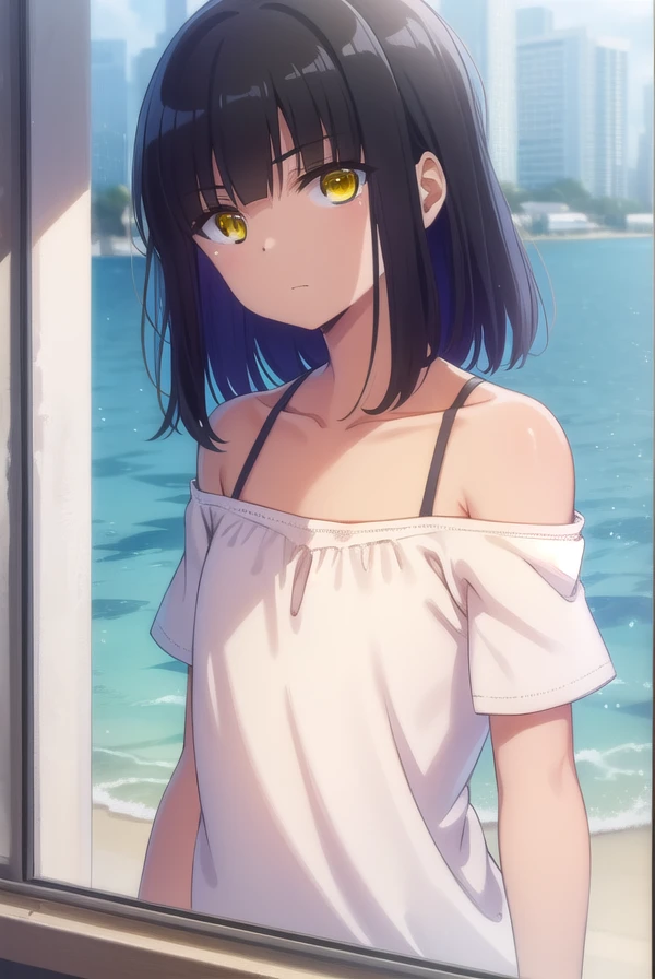 narumitooi, <lora:narumi tooi anime s1-lora-nochekaiser:1>,
narumi tooi, long hair, black hair, (yellow eyes:1.3), bangs, blunt bangs, (flat chest:1.2),
BREAK shirt, white shirt, off shoulder, short sleeves, collarbone, bra strap,
BREAK outdoors, beach,
BREAK looking at viewer,
BREAK <lyco:GoodHands-beta2:1>, (masterpiece:1.2), best quality, high resolution, unity 8k wallpaper, (illustration:0.8), (beautiful detailed eyes:1.6), extremely detailed face, perfect lighting, extremely detailed CG, (perfect hands, perfect anatomy),