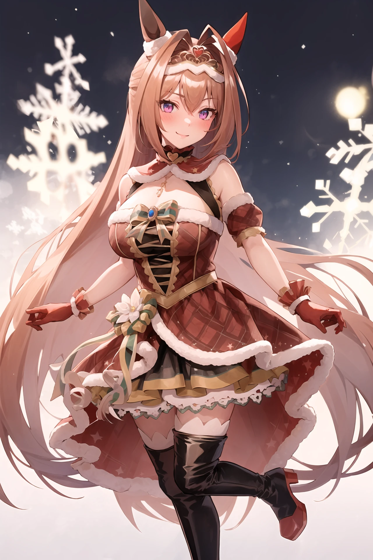 (best quality), (masterpiece), high res, original, beautiful detailed eyes, ultra-detailed, cute face, beautiful face, 1girl, daiwa_scarlet_(scarlet_nuit_etoile)_(umamusume),  looking at viewer, large breasts, breasts, red dress, fur-trimmed dress, dress, red gloves, thighhighs, plaid dress, gloves, black thighhighs, fur trim,santa dress, bow, christmas, plaid, smile, brooch, red sleeves, short dress, short sleeves, sleeveless dress, cleavage, sleeveless, detached sleeves, frills, jewelry, black footwear, fur-trimmed gloves, bowtie, green bow, snowflakes, blush, night, solo, 
<lora:daiwa_scarlet_(scarlet_nuit_etoile)_(umamusume)_loha:1>