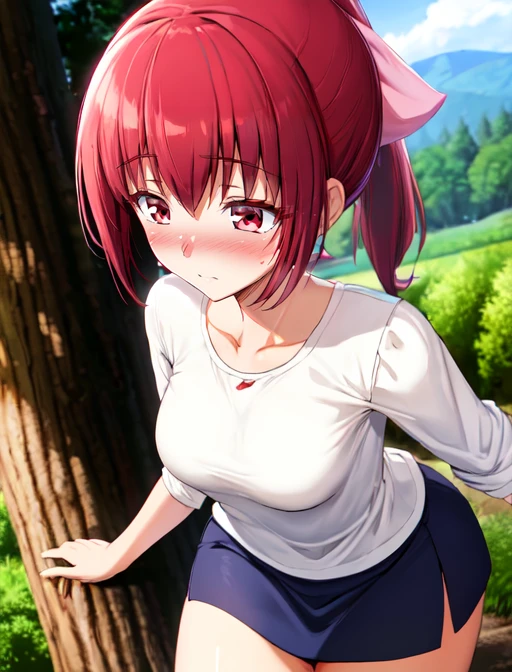 best quality, masterpiece, highres, detailed, digital artwork, <lora:Tools - add_detail:0.2>, IkuyoHoshi, red hair, pink ribbon, low ponytail, red eyes, white shirt, blue skirt, mature woman,  <lora:Character - IkuyoHoshi:0.8>, shy, blush, outdoors, tree,