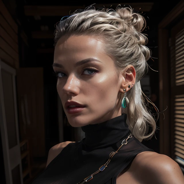 (masterpiece:1.2), (best quality,:1.2), 8k, HDR, ultra detailed, ((photorealistic)), professional light, cinematic lighting, fashion photography, ambient lighting, face lighting, Lillyfee, <lora:Lillyfee-10:1>, dynamic pose, wild and messy hair, earrings, dark makeup, choker, necklace, ((portrait shot)), ((turtleneck)) sleeveless top,perfect skin, looking at viewer