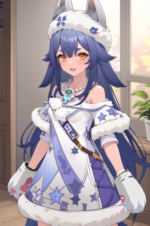 fenlier3,<lora:fenlier3_unet_7-000016:0.8>,1girl,solo,blue hair,long hair,orange eyes,paw gloves,fur-trimmed dress,fur hat,animal ears,short eyebrows,necklace,looking at viewer,standing,straight-on,:d,indoor,close-up,medium breasts,, masterpiece, best quality,