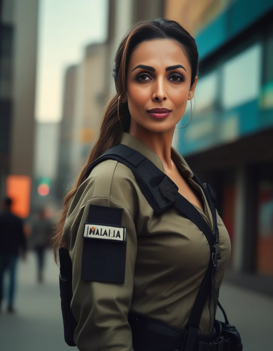 MalaikaArora,<lora:MalaikaAroraSDXL:1> (8k, RAW photo, best quality, masterpiece:1.2), (realistic, photo-realistic:1.37), ultra highres, depth of field, chromatic aberration, caustics, Broad lighting, natural shading,Fujifilm XT3,ultra detailed,cyberpunk uniform,1girl, solo,standing, looking at viewer, outdoors,street