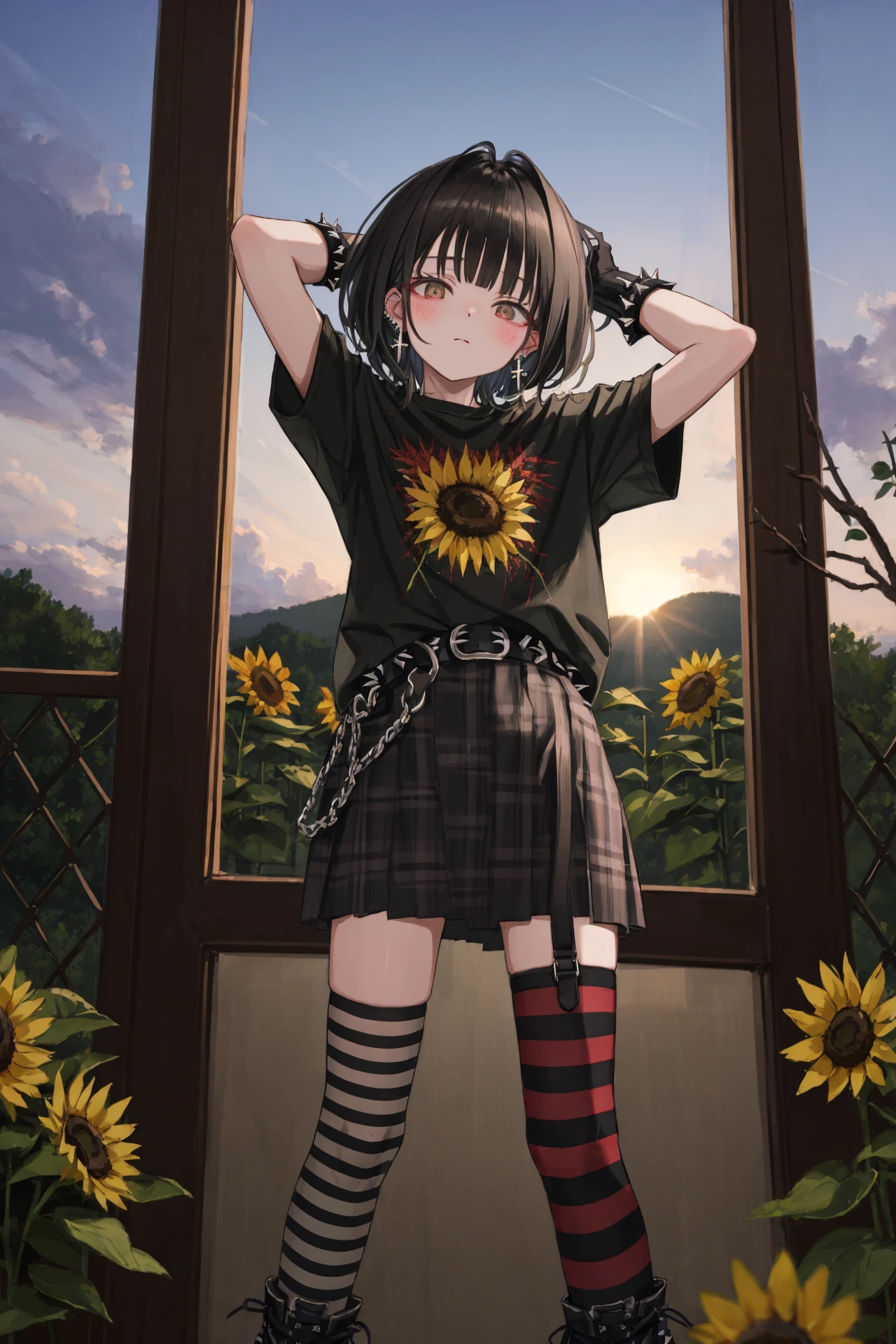 1girl, solo, shirt, skirt, jewelry, earrings, black shirt, thighhighs, plant, striped, looking at viewer, blush, black skirt, potted plant, plaid, asymmetrical legwear, belt, short sleeves, cross, plaid skirt, boots, pleated skirt, black footwear, standing, bangs, black hair, hair intakes, black belt, indoors, spikes, closed mouth, short hair, gloves, fingerless gloves, lamp, striped thighhighs, head tilt, cross earrings, arms up, black nails, hands up, single thighhigh ,wind chime, sunflower, blurry, scenery, depth of field, sky, cloud, sunlight, blurry foreground, outdoors, branch, reflection, flower, lens flare, window, summer, plant, tree, sunset, artist name, blurry background
/////////// <lora:GU-000183:1>