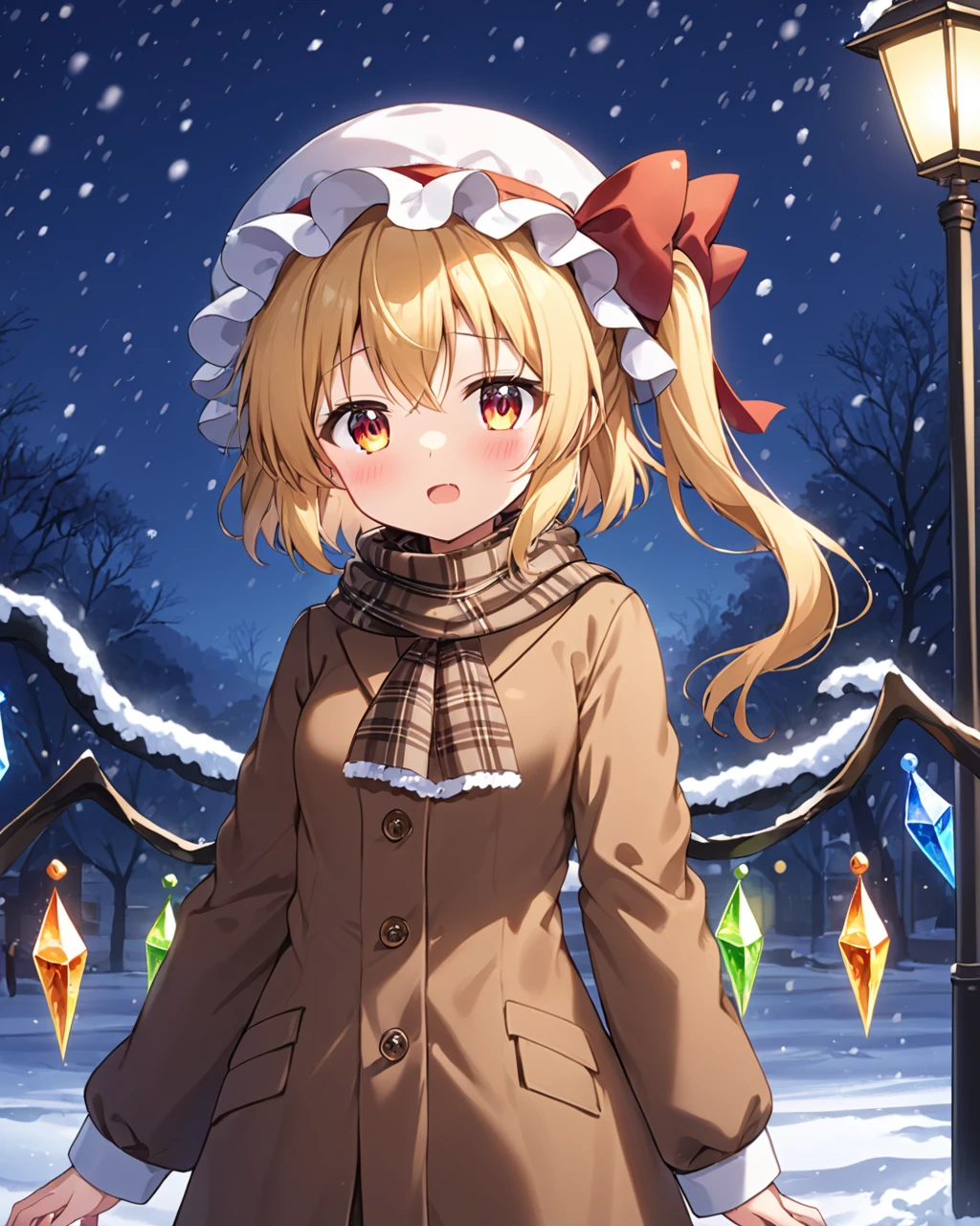 flandre scarlet,1girl, solo, wings, lamppost, crystal, open_mouth, mob_cap, red_bow, long_sleeves, white_headwear, one_side_up, plaid_scarf, alternate_costume, cowboy_shot, outdoors, night, breath, skin_fang, standing, buttons, side_ponytail, blush, brown_scarf, brown_coat, snowing, blurry_background
<lora:flandre_scarlet_image12338_2023-12-11-000005:1>,star-shaped_pupils,symbol-shaped_pupils,. gorgeous,key visual, vibrant, studio anime,award-winning, professional, highly detailed,high budget, cinemascope