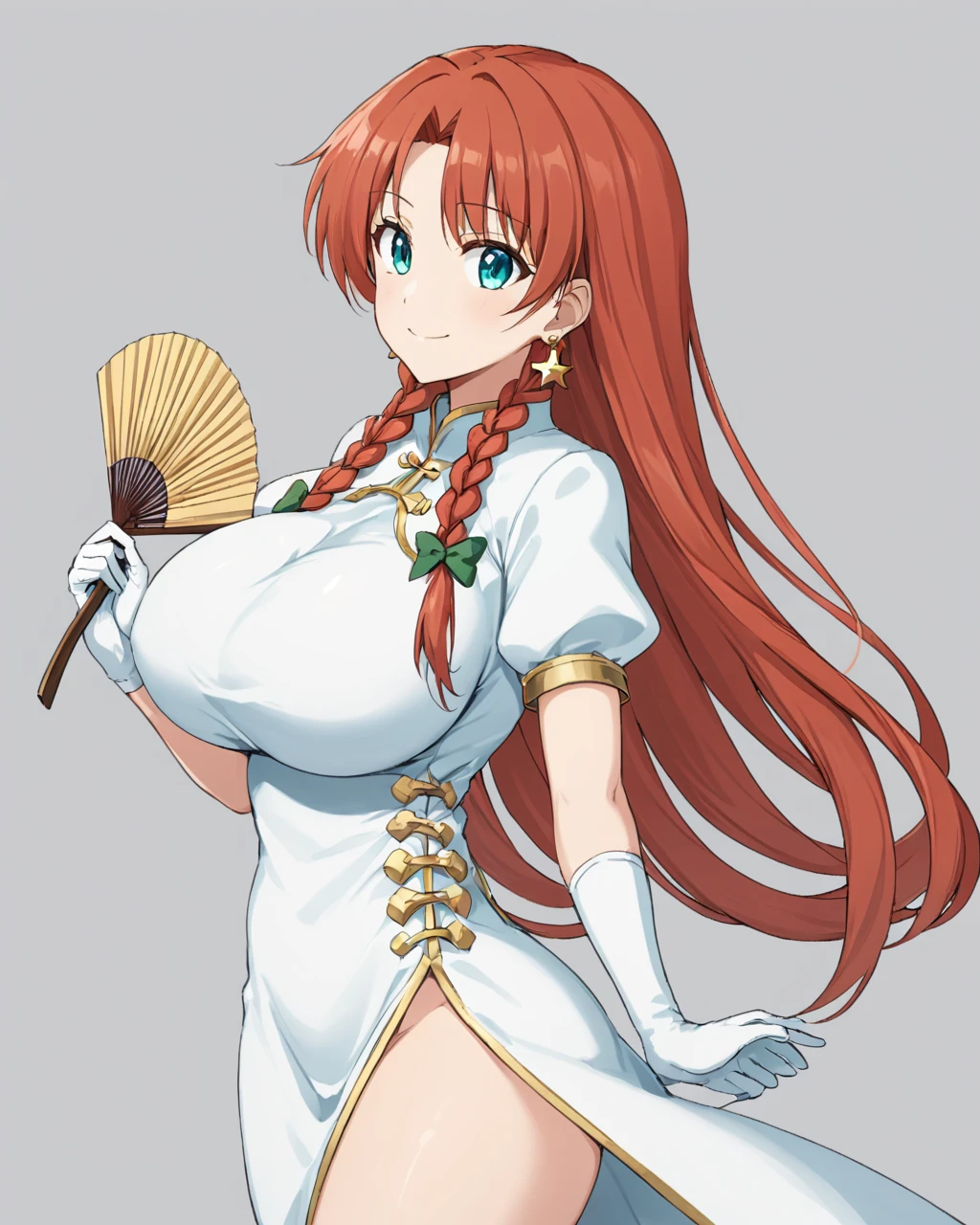 hong meiling,1girl, solo, earrings, china_dress, white_gloves, folding_fan, smile, white_dress, simple_background, white_background, cowboy_shot, alternate_costume, holding_fan, twin_braids, looking_to_the_side, closed_mouth, side_slit, large_breasts, short_sleeves
<lora:hong_meiling_image3632_2023-12-11-000004:1>,star-shaped_pupils,symbol-shaped_pupils,. gorgeous,key visual, vibrant, studio anime,award-winning, professional, highly detailed,high budget, cinemascope