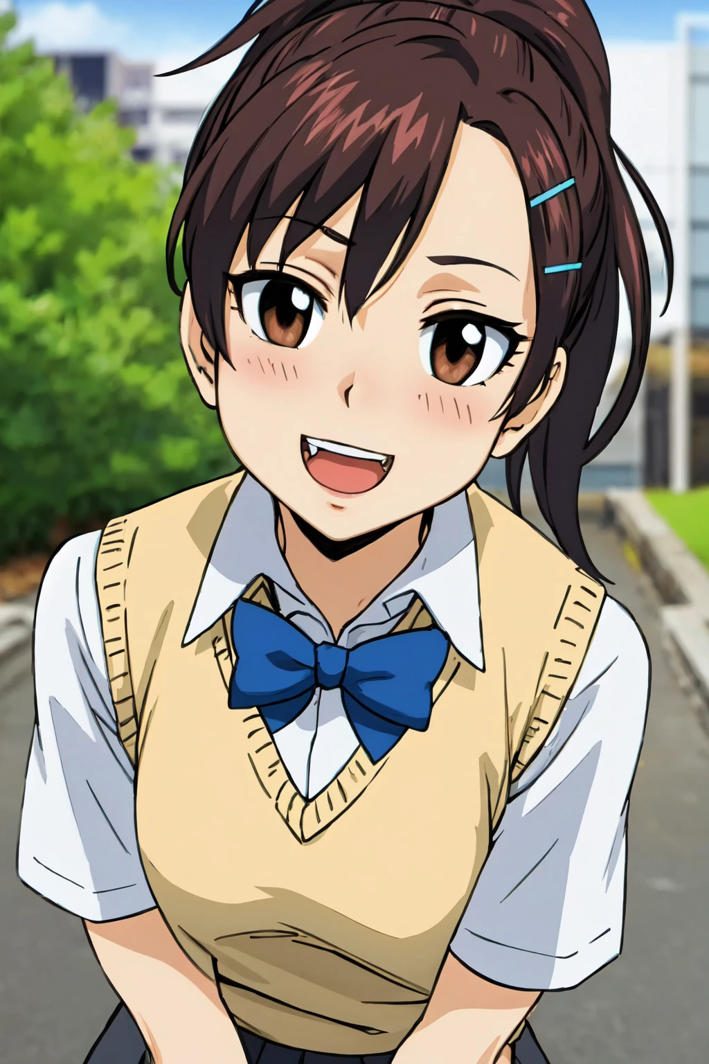 portrait, sharp focus, soft lighting,  (highly detailed face), (highly detailed eyes), illustration, depth of field, haru1,  full body, outdoors, school, 1girl,solo,looking at viewer, blush, smile, open mouth ,bangs, brown hair, shirt, hair ornament, bow,  brown eyes, school uniform ,,white shirt ,ponytail ,short sleeves, :d,  hairclip, collared shirt, bowtie ,kneehighs, blue bow, ,black socks, ,grey skirt, brown shoes, loafers,, sweater vest  <lora:haru-000003:0.75>  <lora:asanagi:0.35>