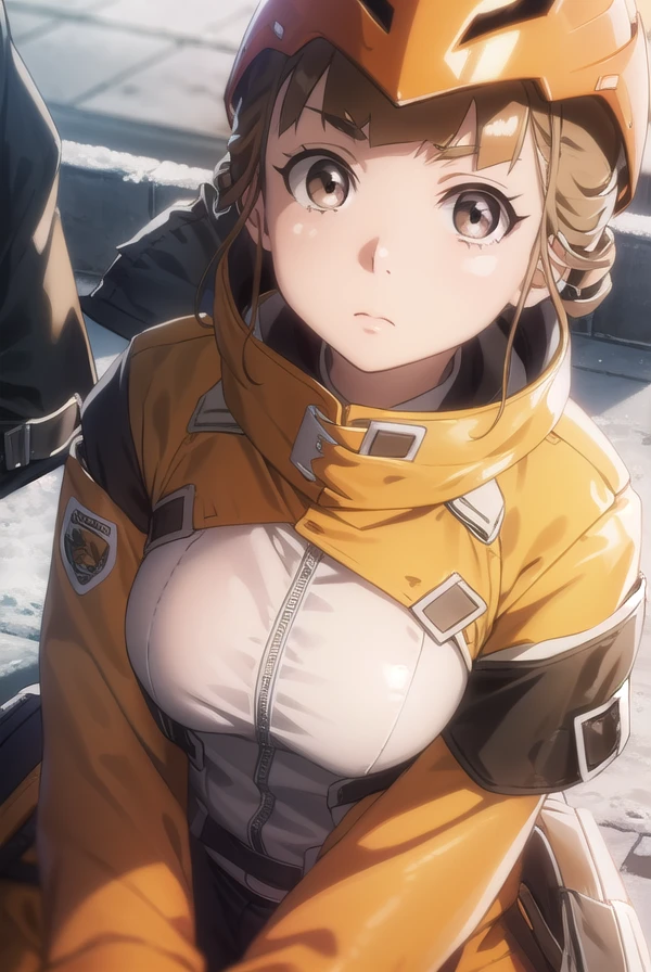 hinatamiyake, <lora:hinata miyake s1-lora-nochekaiser:1>,
hinata miyake, short hair, brown hair, (brown eyes:1.5),
BREAK jacket, helmet, orange jacket, orange helmet,
BREAK outdoors, snow, ice, snowflake,
BREAK looking at viewer,
BREAK <lyco:GoodHands-beta2:1>, (masterpiece:1.2), best quality, high resolution, unity 8k wallpaper, (illustration:0.8), (beautiful detailed eyes:1.6), extremely detailed face, perfect lighting, extremely detailed CG, (perfect hands, perfect anatomy),