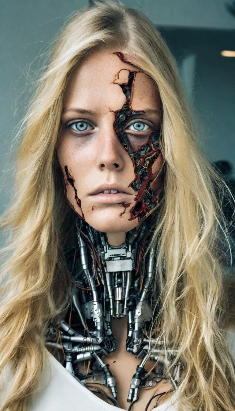 candid photo of a swedish viking descendant (damaged female unsettling scary terrifying bio mechanical cyborg post human:1.2), atractive 21 year old with long blonde hair, very beautiful face, (skin ripped off face robot parts embedded in her skin, bionic eye under torn skin:1.2), (cracked skin, skin ripped open), (upperbody visible:1.5) Eerie, unsettling, complementary colors, Unsplash, vignette, highly detailed, cinemascope, moody, epic, dark, grey background, promotional photoshoot, upcoming movie trailer, sharp focus, hd, photo by ingrid baars