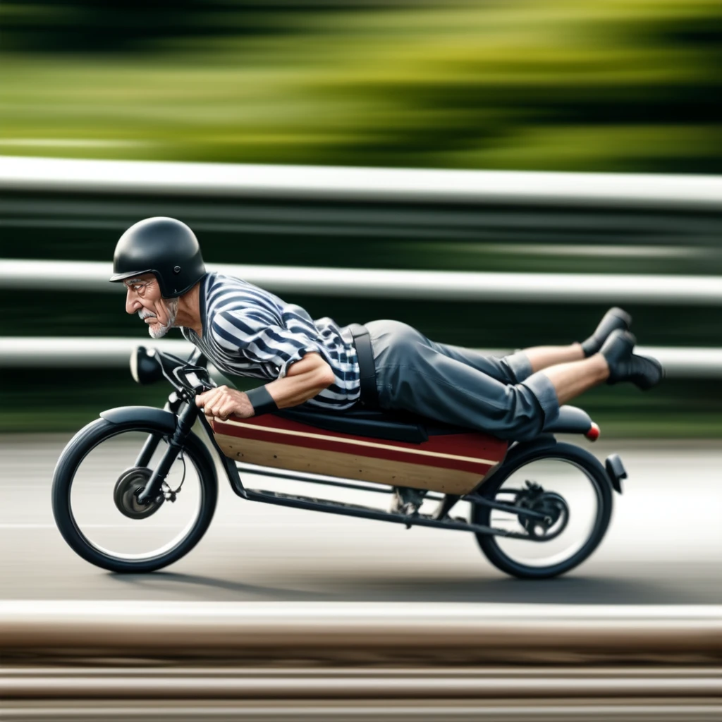 <lora:Toboggan_v1:0.5>, old man, outdoors, blurry, from side, blurry background, vertical stripes, jumping, motion blur, realistic, riding, KMNR, toboggan, helmet, on stomach