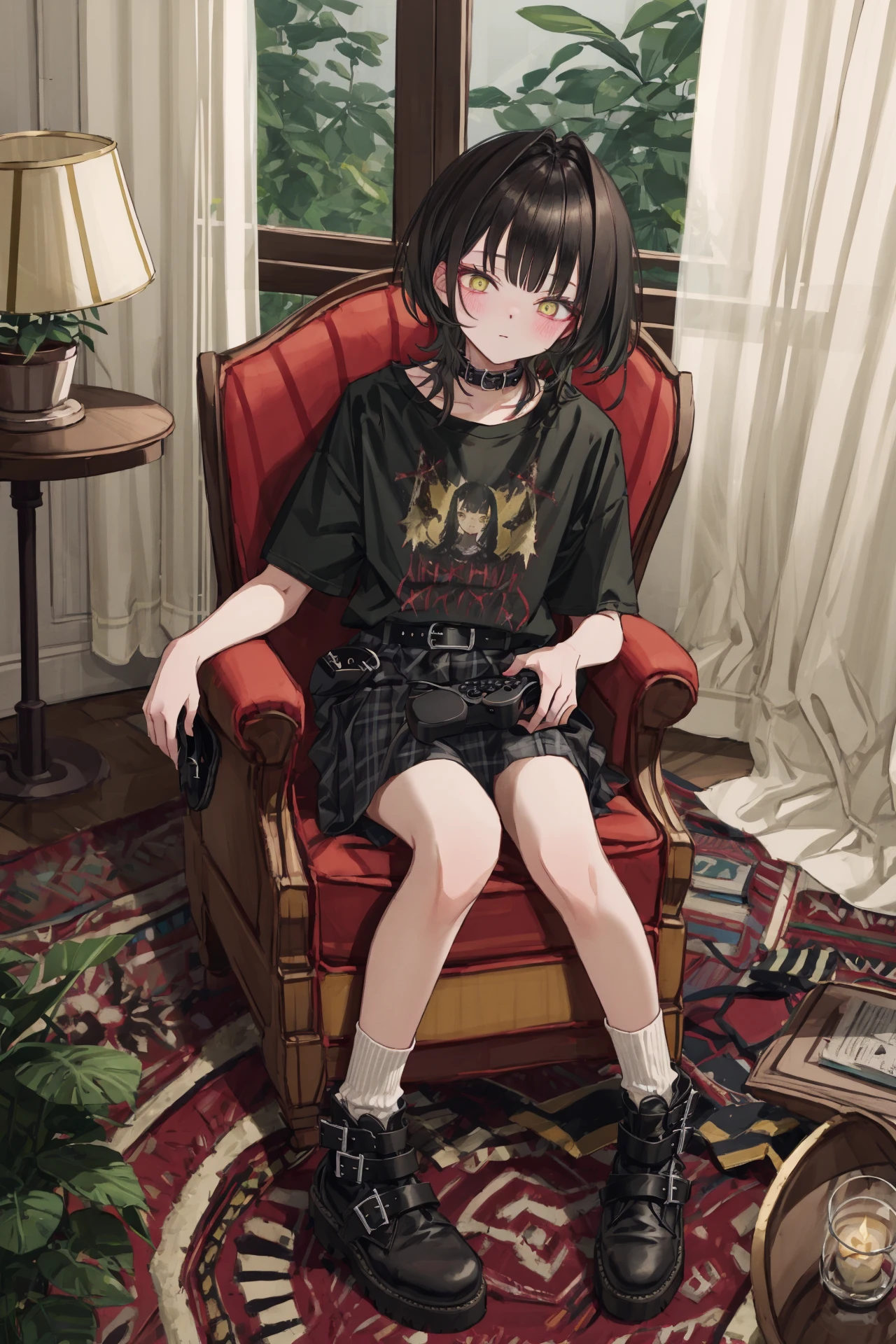 1girl, solo, shirt, black shirt, sitting, skirt, collar, controller, chair, yellow eyes, indoors, curtains, holding controller, plant, blush, rug, black skirt, boots, bangs, medium hair, potted plant, plaid skirt, black collar, belt collar, black footwear, plaid, black socks, holding, looking at viewer, pleated skirt, black hair, short sleeves, closed mouth, hair intakes, lamp, full body, socks, carpet, window, armchair, game controller, ankle boots, miniskirt, t-shirt, on chair 
///////////  <lora:GU-000183:1>