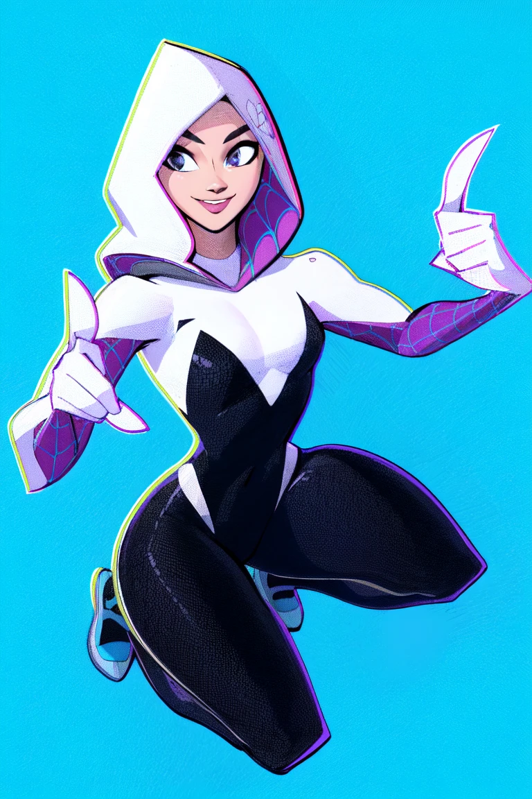 masterpiece, best quality:1.2),intricate details, Nemstyle, solo, looking at viewer, smile, blue background, full body, Gwen, bodysuit, web-print, hood up<lora:NemstyleV1:1> <lora:SVerse_Gwen-DEF:1>