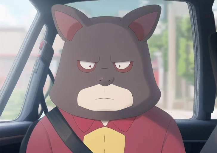 <lora:oddtaxi-08:0.7> solo, looking at viewer, shirt, 1boy, upper body, male focus, collared shirt, blurry, black eyes, pokemon (creature), no humans, red shirt, furry male, clothed pokemon, car interior