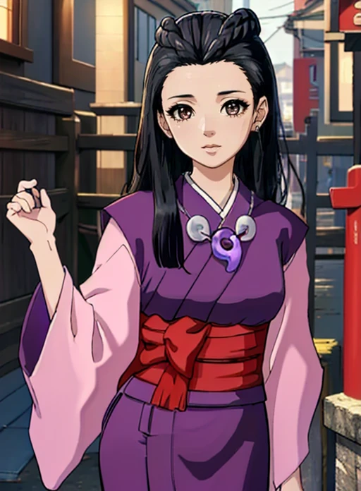best quality, (masterpiece),(ultra-detailed), (high quality), (high resolution), <lora:iris-10:0.7> iris hawthorne, long hair, black hair, jewelry, japanese clothes, magatama necklace,outdoors,