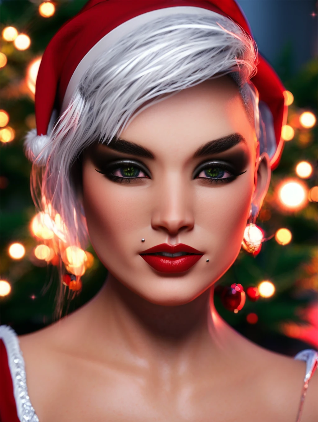 <lora:QuinnV1:1> QuinnV1, QuinnMakeUp,3D render, unreal, 4K, high resolution skin texture, ultra detailed eyes, in Santa cosplay