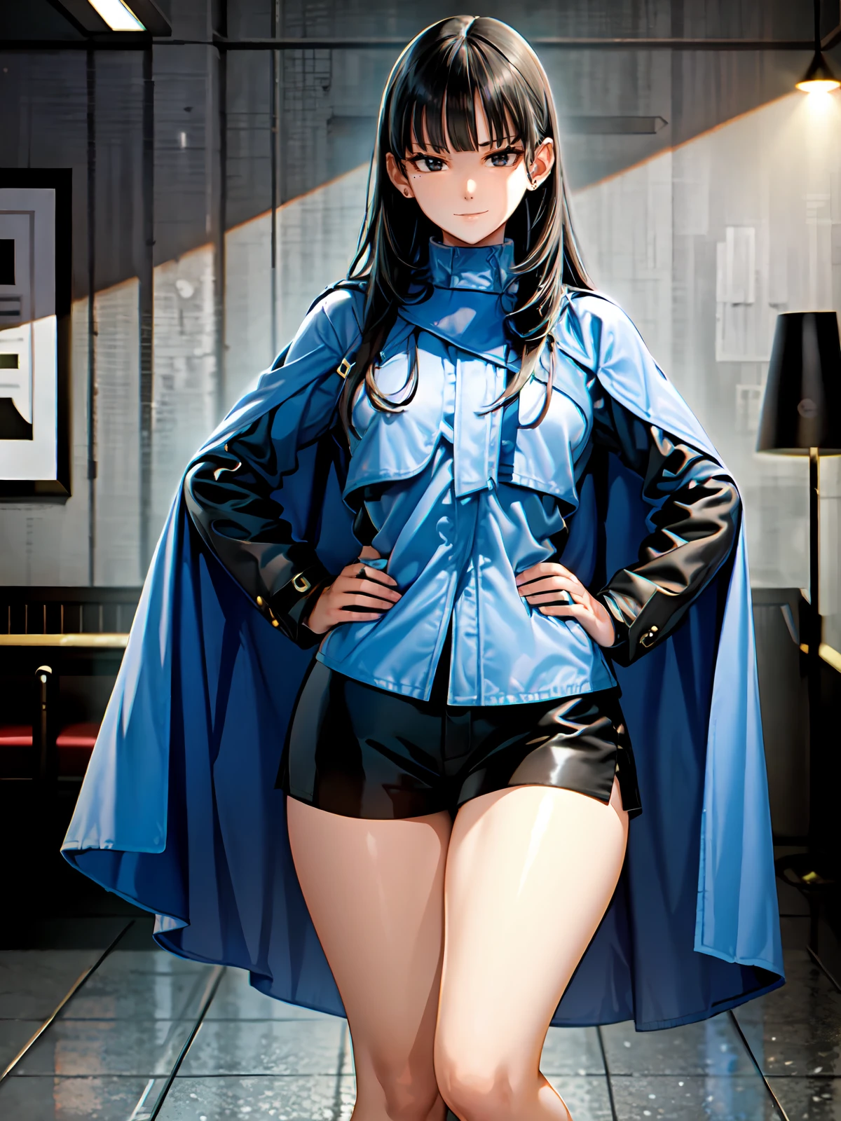 (extremely detailed CG), (best quality), perfect face, shiny skin, lustrous skin, solo narrow waist, wide hips  <lora:RinnieKudo-10:0.8>rinniekudo, long hair, bangs, black hair, long sleeves, jewelry, jacket, black skirt, cape, ring, shorts, black shorts, blunt bangs, boots,indoors, smile,black eyes,hands on hips,