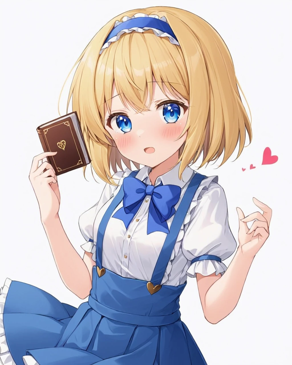 alice margatroid,1girl, solo, blue_hairband, book, white_background, blue_skirt, open_mouth, simple_background, white_shirt, grimoire_of_alice, suspender_skirt, frills, looking_at_viewer, heart, collared_shirt, blush, blue_bow, puffy_short_sleeves
<lora:alice_margatroid_image3379_2023-12-11-000006:1>,star-shaped_pupils,symbol-shaped_pupils,. gorgeous,key visual, vibrant, studio anime,award-winning, professional, highly detailed,high budget, cinemascope