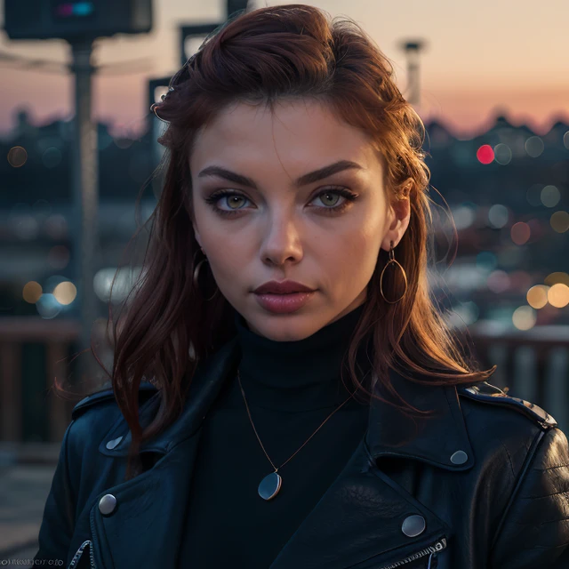 (masterpiece:1.2), (best quality,:1.2), 8k, HDR, ultra detailed, ((photorealistic)), professional light, cinematic lighting, fashion photography, ambient lighting, face lighting, Taylor, <lora:Taylor:1>, dynamic pose, wild and messy auburn hair, earrings, dark makeup, choker, necklace, ((portrait shot)), black turtleneck, leather coat, middle-aged, perfect skin