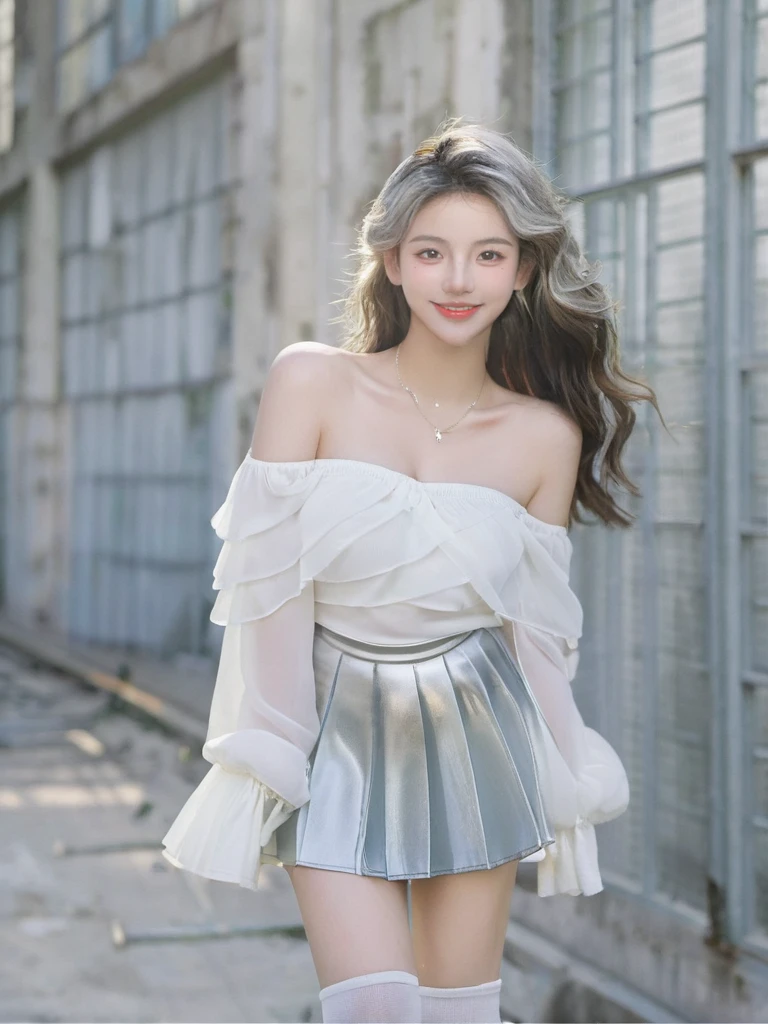 best_lighting,complex_pupils,detailed_background,outdoors,abandoned_warehouse, 1girl,solo,upper_body,standing,(close-up portrait:1.4),face_focus,(silver_hair:1.2),detailed_eyes,smile,looking_at_viewer,large_breasts,curly_hair,shiny_skin,visible_skin_pores,highly_detailed_skin,off_shoulder,Flaunting her legs in a flirty and playful mesh mini skirt,necklace,white_socks,