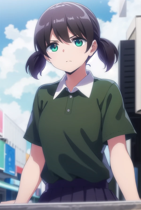 maisunagawa, <lora:mai sunagawa anime s1-lora-nochekaiser:1>,
mai sunagawa, short hair, bangs, twintails, (green eyes:1.3), black hair, short twintails,
BREAK skirt, shirt, school uniform, short sleeves, pleated skirt, collared shirt, black shirt,
BREAK outdoors, beach,
BREAK looking at viewer,
BREAK <lyco:GoodHands-beta2:1>, (masterpiece:1.2), best quality, high resolution, unity 8k wallpaper, (illustration:0.8), (beautiful detailed eyes:1.6), extremely detailed face, perfect lighting, extremely detailed CG, (perfect hands, perfect anatomy),