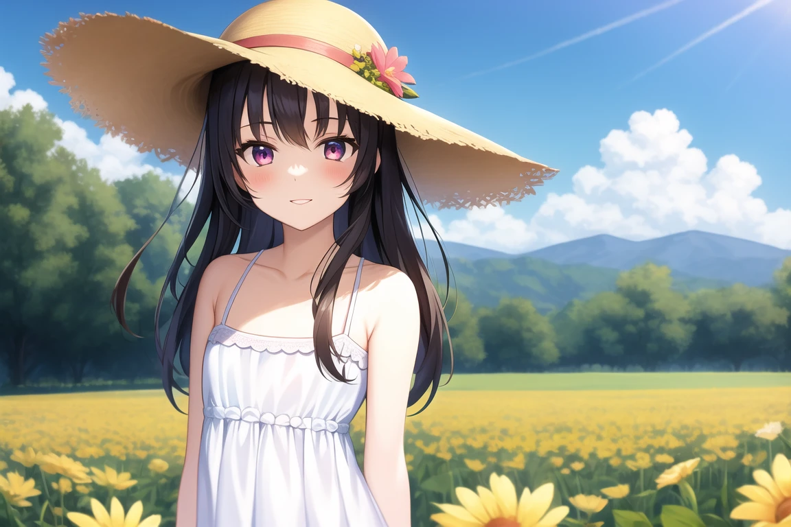 (masterpiece, best quality, detailed), 1girl, solo
BREAK black hair, long hair
BREAK outdoors, sundress, sun hat, flower field