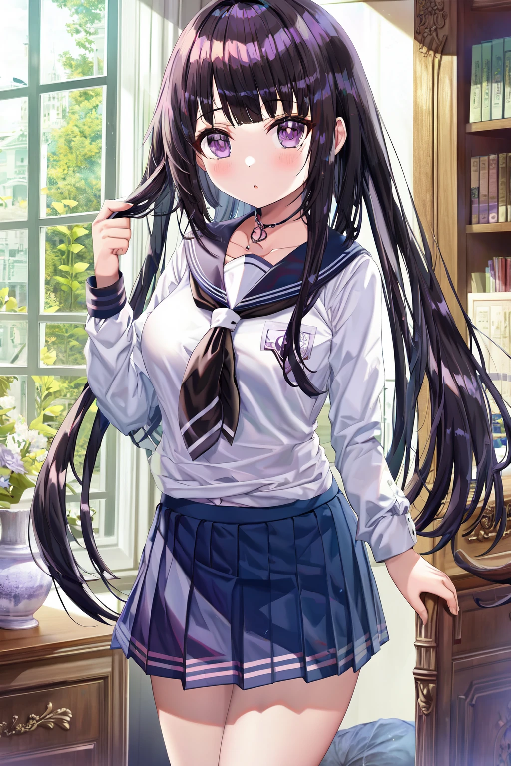(masterpiece), (best quality), Exquisite visuals, high-definition, (ultra detailed), finely detail, ((solo)),1girl, school_uniform, serafuku, long_hair, solo, purple_eyes, sailor_collar, window, neckerchief, long_sleeves, bangs, chitanda_eru, black_hair, black_sailor_collar, shirt