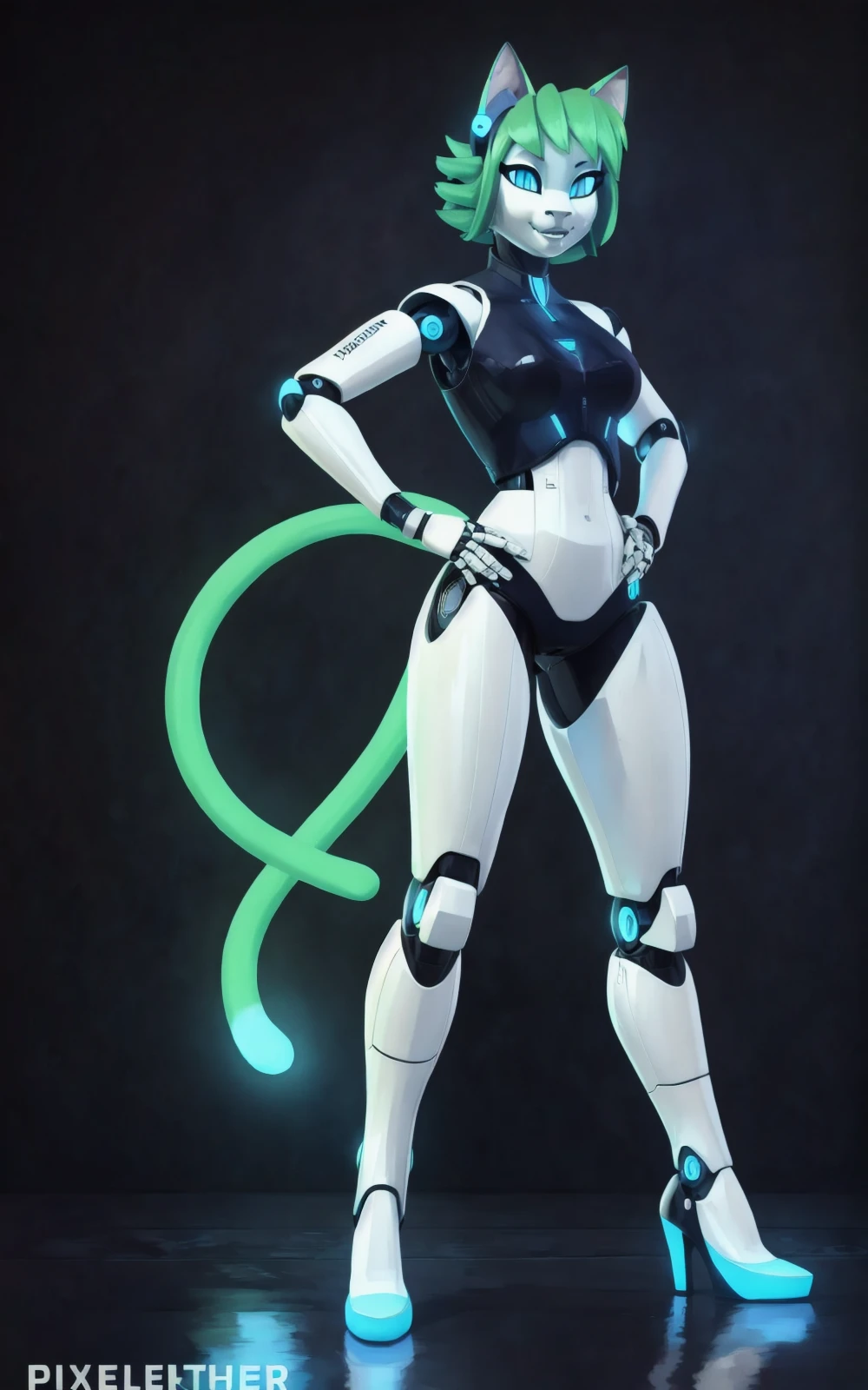 8k,4k,((Best quality, masterpiece, ultra high resolution)),((full body, by pixelsketcher)), <lora:Tess:0.5>,tess,joints, robot joints,humanoid robot, glowing, science fiction, high heels, <lora:Lu:1.1>,animal ears, two tails, cat ears, cat tail, green hair, dark-skinned female, cat girl, dark skin, short hair, slit pupils, blue eyes,lu,human