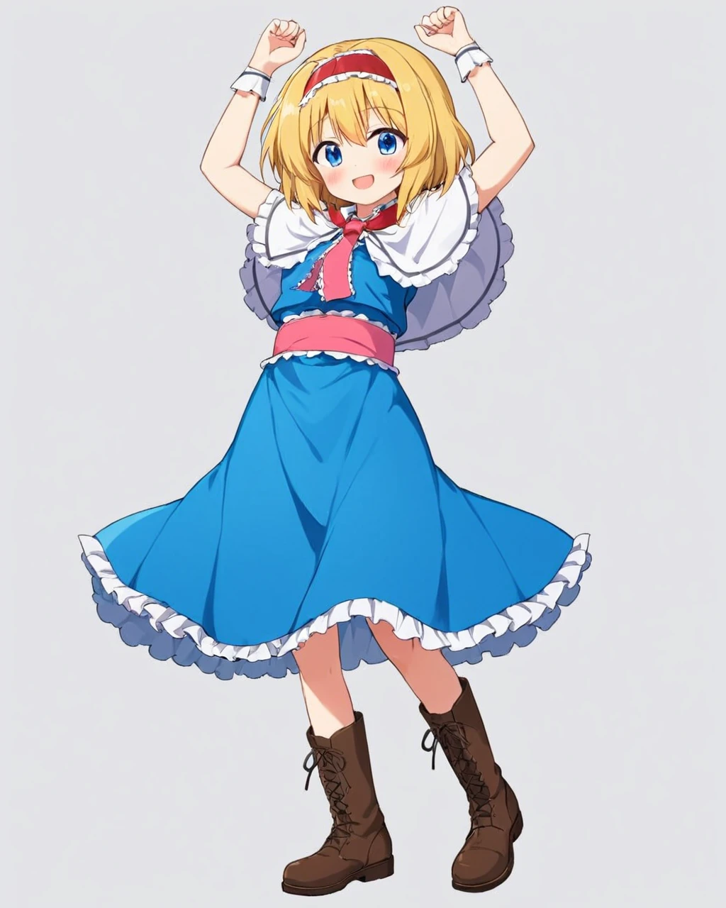 alice margatroid, open_mouth, full_body, smile, pink_hairband, boots, frilled_hairband, blue_dress, brown_footwear, white_capelet, blush, frilled_dress, frilled_capelet, 1girl, solo, red_hairband, arms_up, red_sash, solo_focus, cross-laced_footwear, necktie, standing, simple_background, white_border
<lora:alice_margatroid_image3379_2023-12-11-000006:1>,star-shaped_pupils,symbol-shaped_pupils,. gorgeous,key visual, vibrant, studio anime,award-winning, professional, highly detailed,high budget, cinemascope