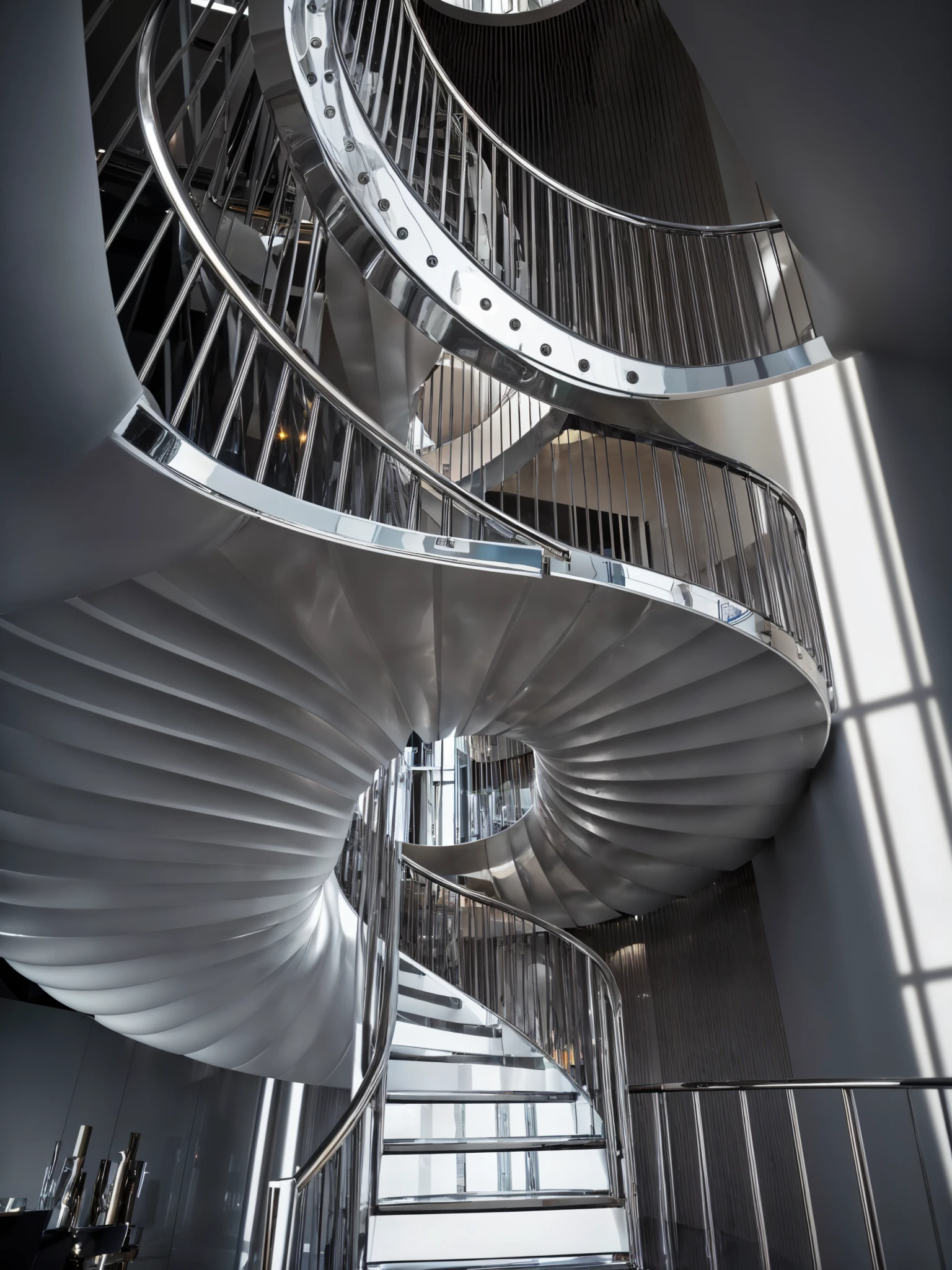 <lora:Arc_v5:0.68>, RAW photo, (curvy mirror reflective metal spiral staircase by Mad architects), beautiful composition, detailed design, curvilinear, Tokyo city center, ((retro futurism style)), white sky, cinematic lighting, (diffused light:1), fog, architecture photography, hyper realistic, super detailed, 8k, Nikon Z6 Mirrorless Camera, film grain