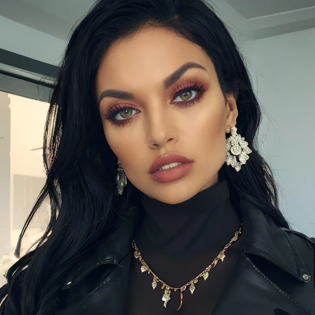 (masterpiece:1.2), (best quality,:1.2), 8k, HDR, ultra detailed, ((photorealistic)), professional light, cinematic lighting, fashion photography, ambient lighting, face lighting, Toochie, <lora:Toochie-10:1>, dynamic pose, wild and messy hair, earrings, dark makeup, choker, necklace, ((portrait shot)), black turtleneck, leather coat, middle-aged, 40 year old, perfect skin