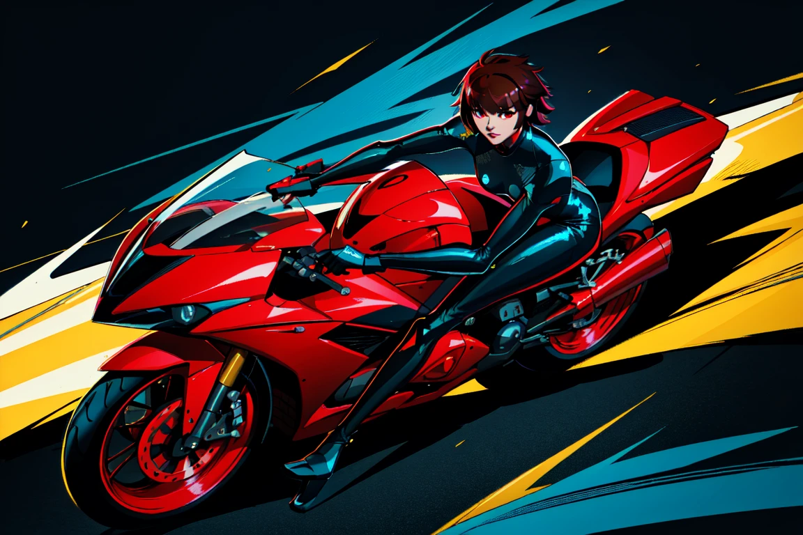 masterpiece, best quality:1.2),intricate details, Nemstyle, 1girl, solo, short hair, brown hair, red eyes, gloves, scarf, from side, bodysuit, ground vehicle, motor vehicle, black bodysuit, motorcycle, biker clothes, bikesuit, on motorcycle, niijima makoto<lora:NemstyleV1:1>