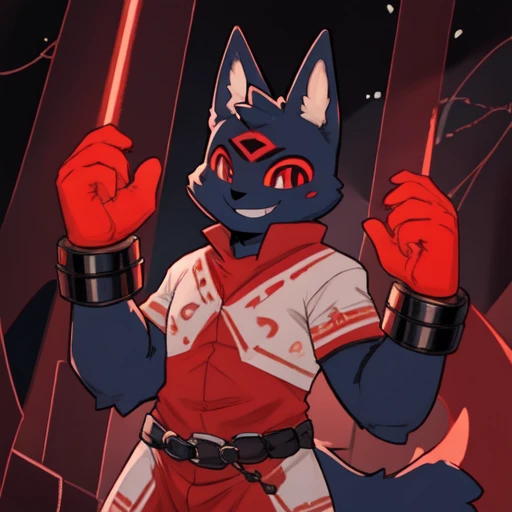 simple, <lora:narinder:1>, narinder, furry, solo, cat boy, shackles, extra eyes, creppy, red eyes, smile