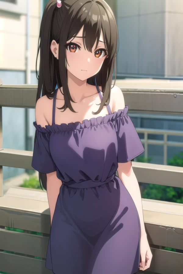 tenkaadachi, <lora:tenka adachi ova-lora-nochekaiser:1>,
tenka adachi, black hair, (brown eyes:1.3), side ponytail, long hair, hair bobbles,
BREAK shorts, off shoulder, dress, purple dress,
BREAK outdoors,
BREAK looking at viewer, (cowboy shot:1.5),
BREAK <lyco:GoodHands-beta2:1>, (masterpiece:1.2), best quality, high resolution, unity 8k wallpaper, (illustration:0.8), (beautiful detailed eyes:1.6), extremely detailed face, perfect lighting, extremely detailed CG, (perfect hands, perfect anatomy),