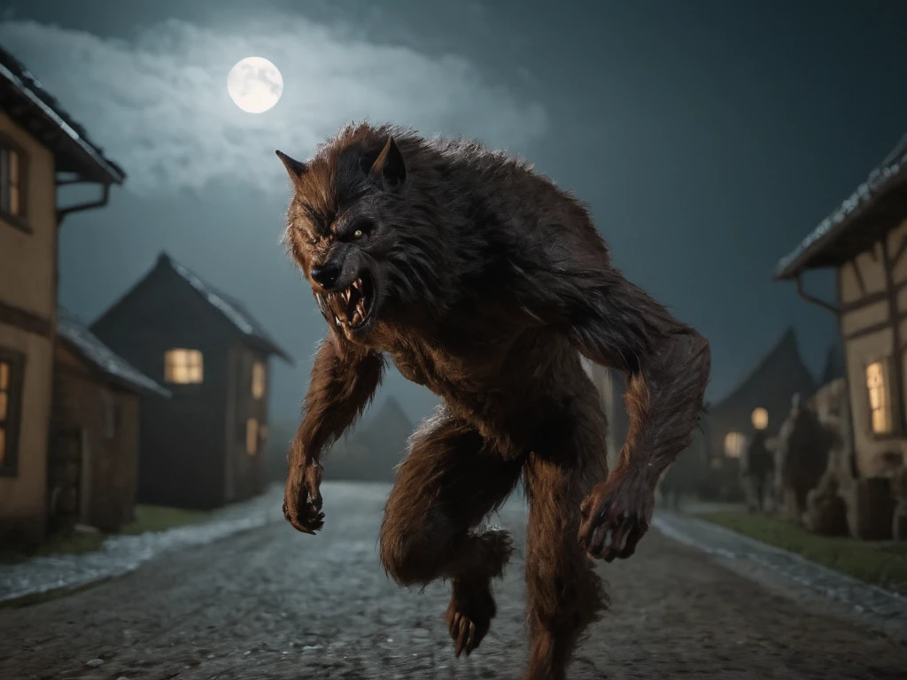 In a cinematic fantasy village under a full moon, a modern-werewolf with powerful stature and detailed brown fur is captured in action from a side view running. Shot with the Sony A7S III, this dynamic scene adds an element of suspense to the mystical setting. <lora:Modern_Werewolf:1>