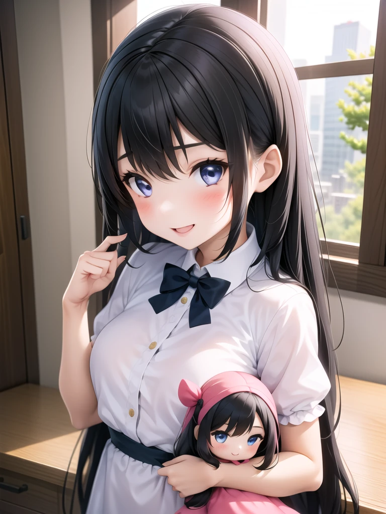 a girl, dress, upper body, large doll, pinch doll between upper arm to chest side, smile
<lora:under armpit-001_0.7:1>