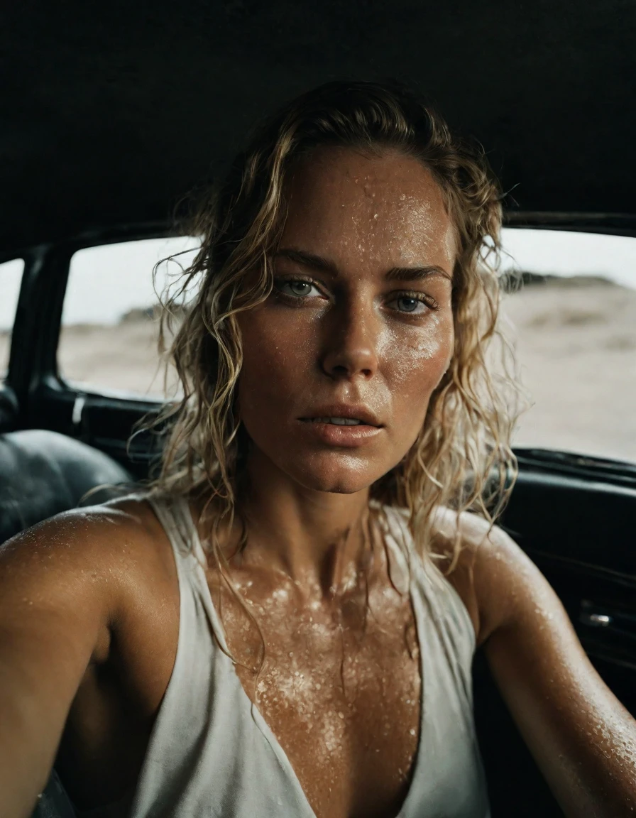 Sweaty selfie of 1girl inside her car, cleavage, she is sweaty, cinematic, promotional movie photograph, photo shot by Ingrid baars, shot with Hasselblad