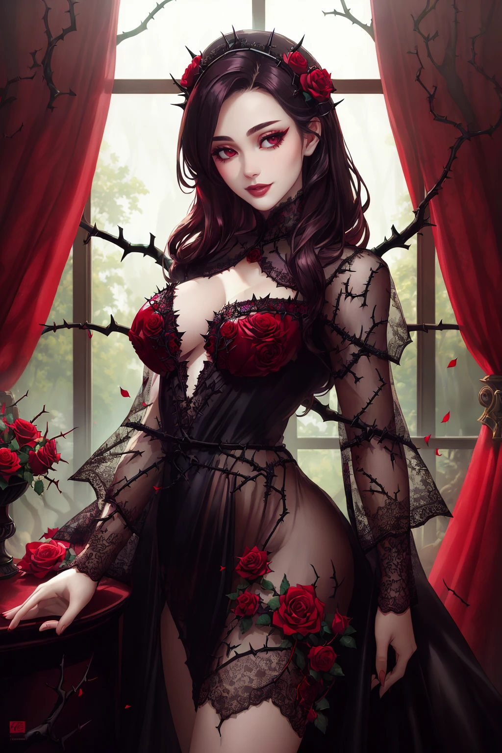 ((Masterpiece, best quality,edgQuality,photorealistic, hyper realistic)),smile--,standing,posing for a picture,
edgThorn,edgTemptation, a woman wearing a lace robe , wearing ([edgTemptation|edgThorn_dress]),thorns and roses,
 <lora:edgThornTemptation:1>