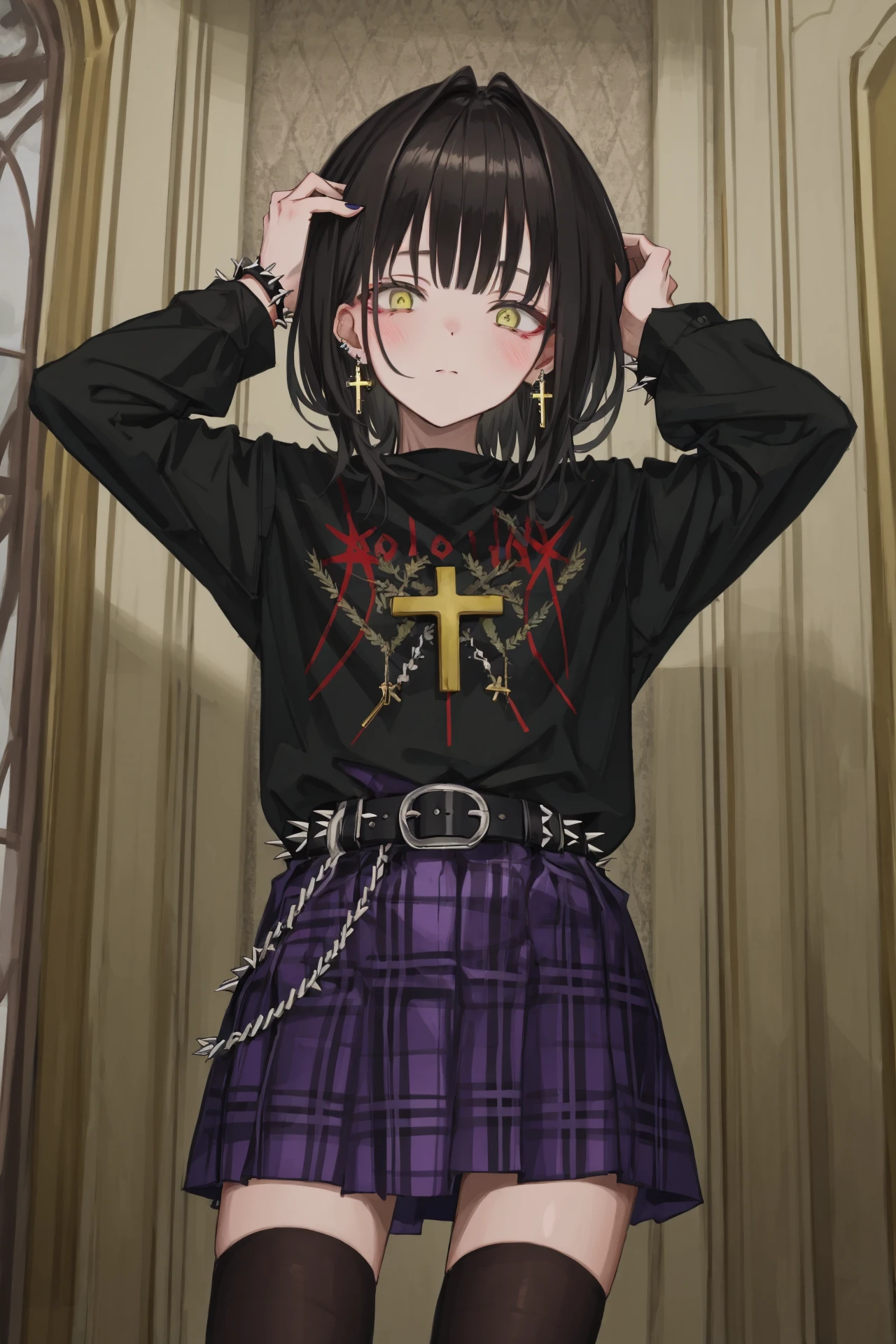 1girl, solo, skirt, thighhighs, jewelry, shirt, looking at viewer, black shirt, black thighhighs, black hair, earrings, yellow eyes, plant, medium hair, cross, plaid, cowboy shot, blush, long sleeves, belt, potted plant, indoors, purple skirt, bracelet, bangs, black nails, spikes, plaid skirt, head tilt, spiked bracelet, standing, black belt, closed mouth, latin cross, own hands together, lamp, hands up, nail polish, clothes writing
/////////// <lora:GU-000183:1>