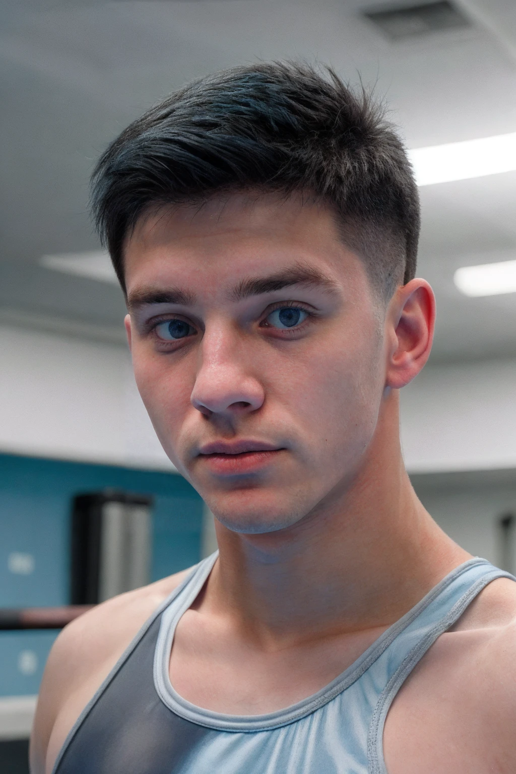 close-up headshot photo of fb_billy <lora:fratbrat_billy-06:0.75> wearing sky blue leotard with white and gray accents, blurred gym background, soft diffused lighting, contemplative and focused mood, slight thoughtful expression